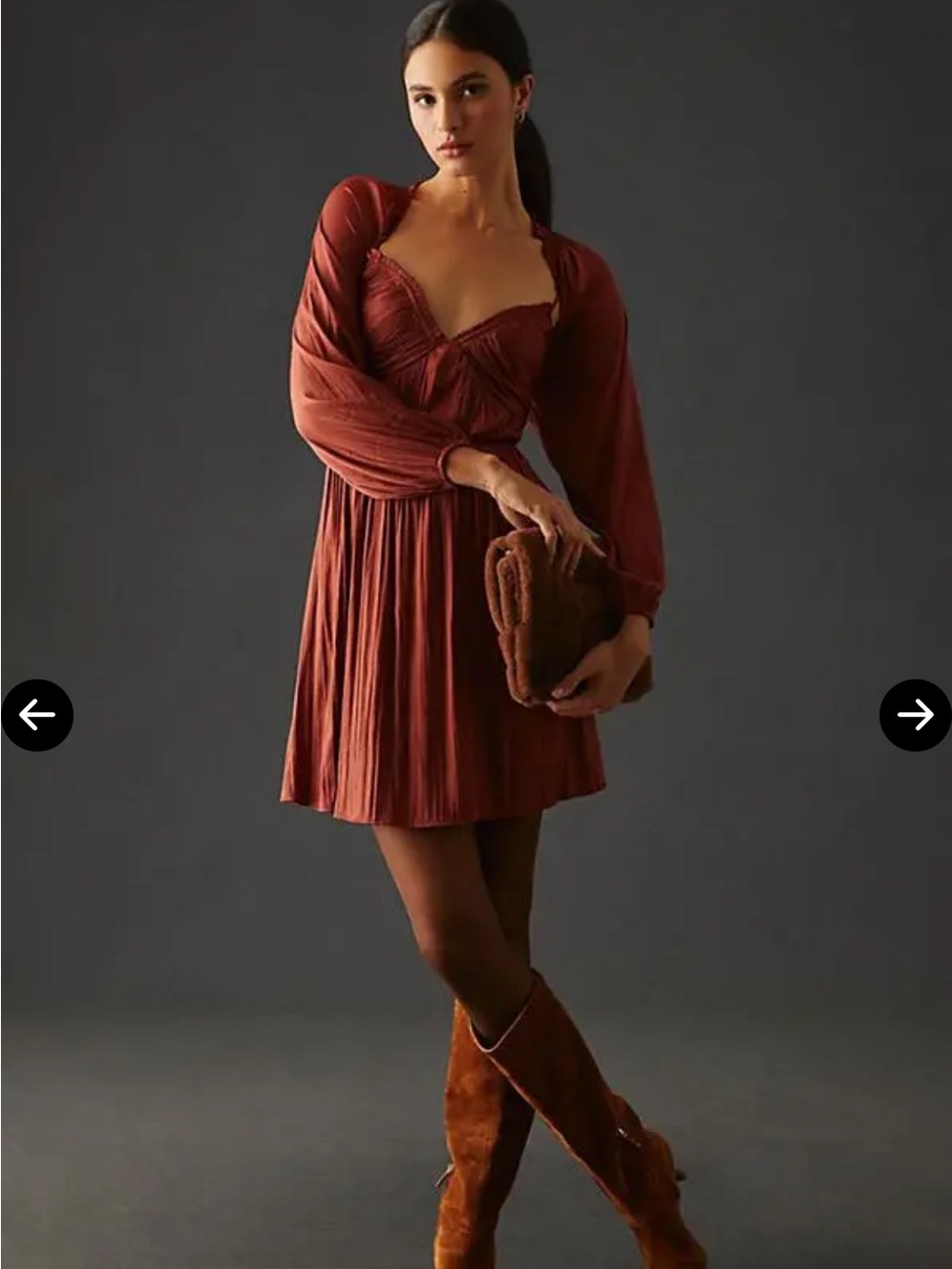 Anthropologie Rust Red Pleated Long-Sleeve Mini Dress